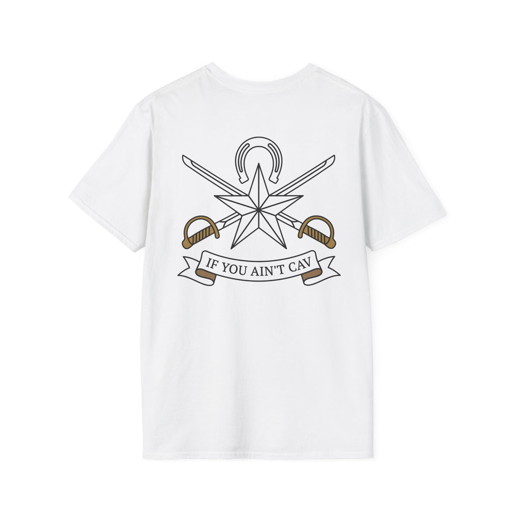 White T-shirt with crew neck and back graphic of star, swords, and ribbon text