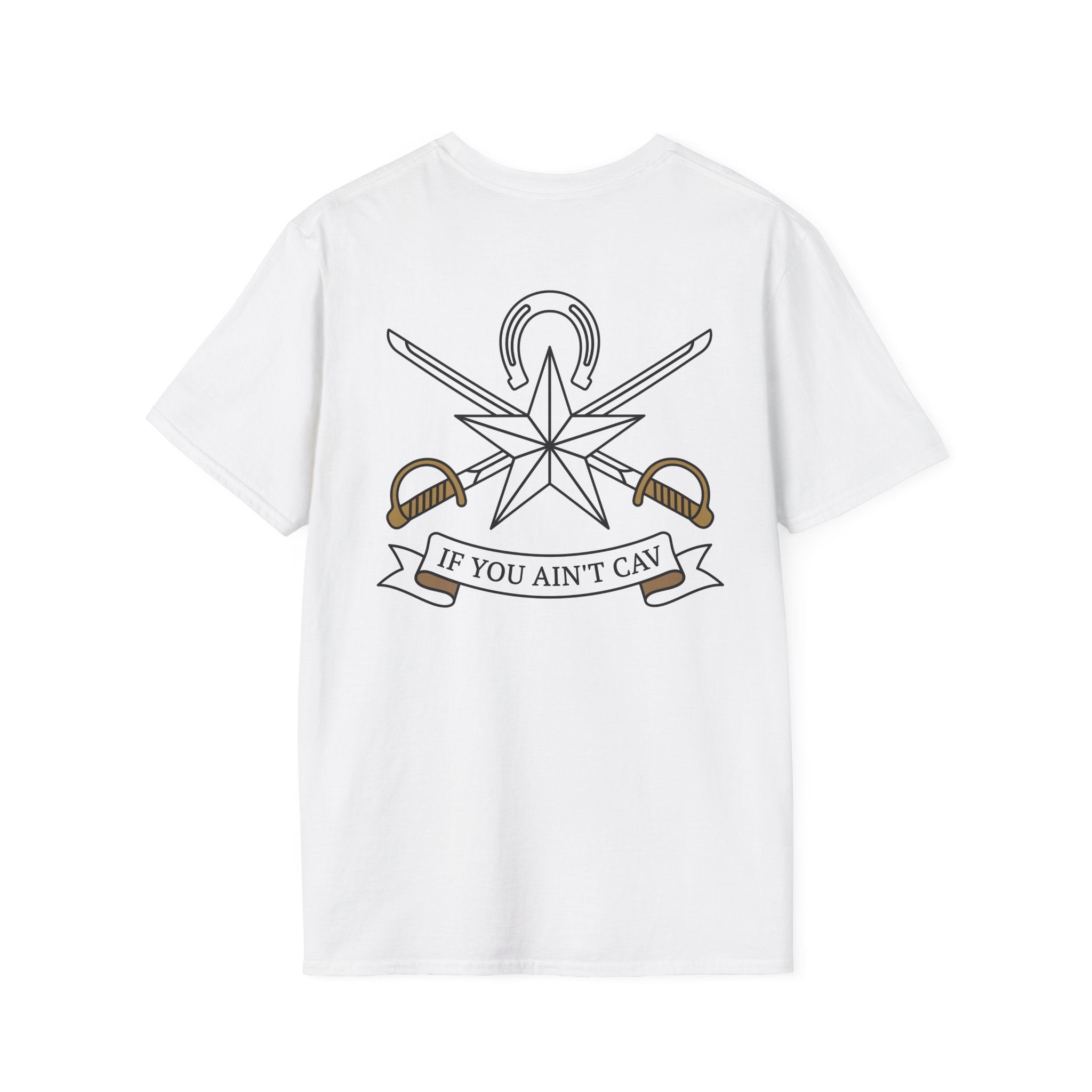 White T-shirt with crew neck and back graphic of star, swords, and ribbon text