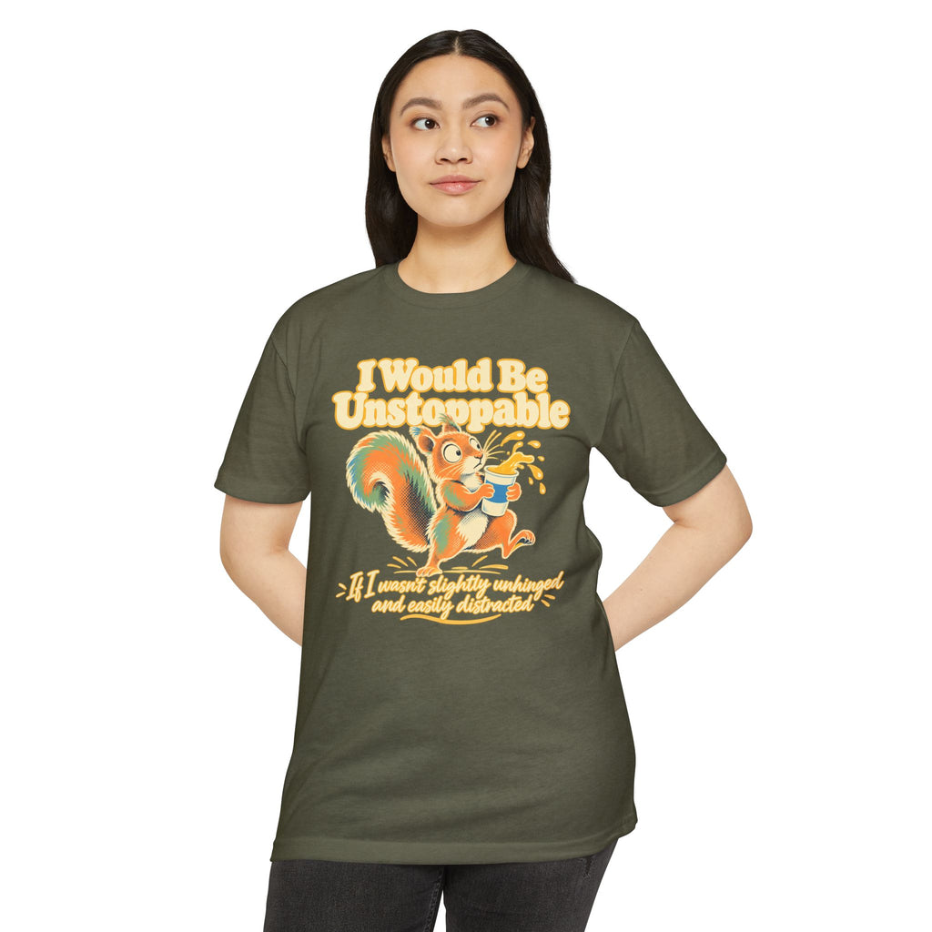 Olive green T-shirt with colorful squirrel graphic and 'Unstoppable' text