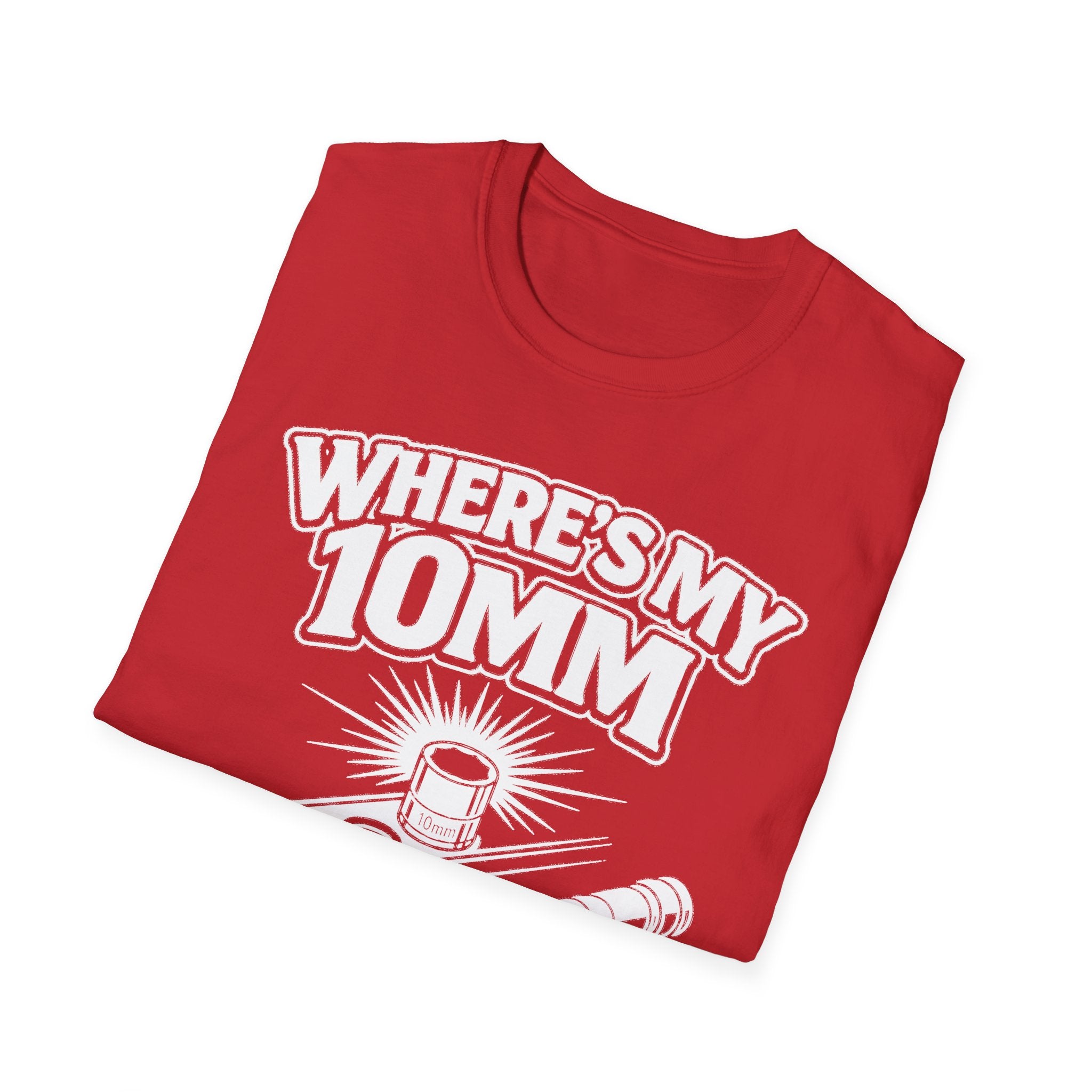 Rotes T-Shirt mit Aufdruck „Where's My 10mm“ und 10mm Sockel-Grafik