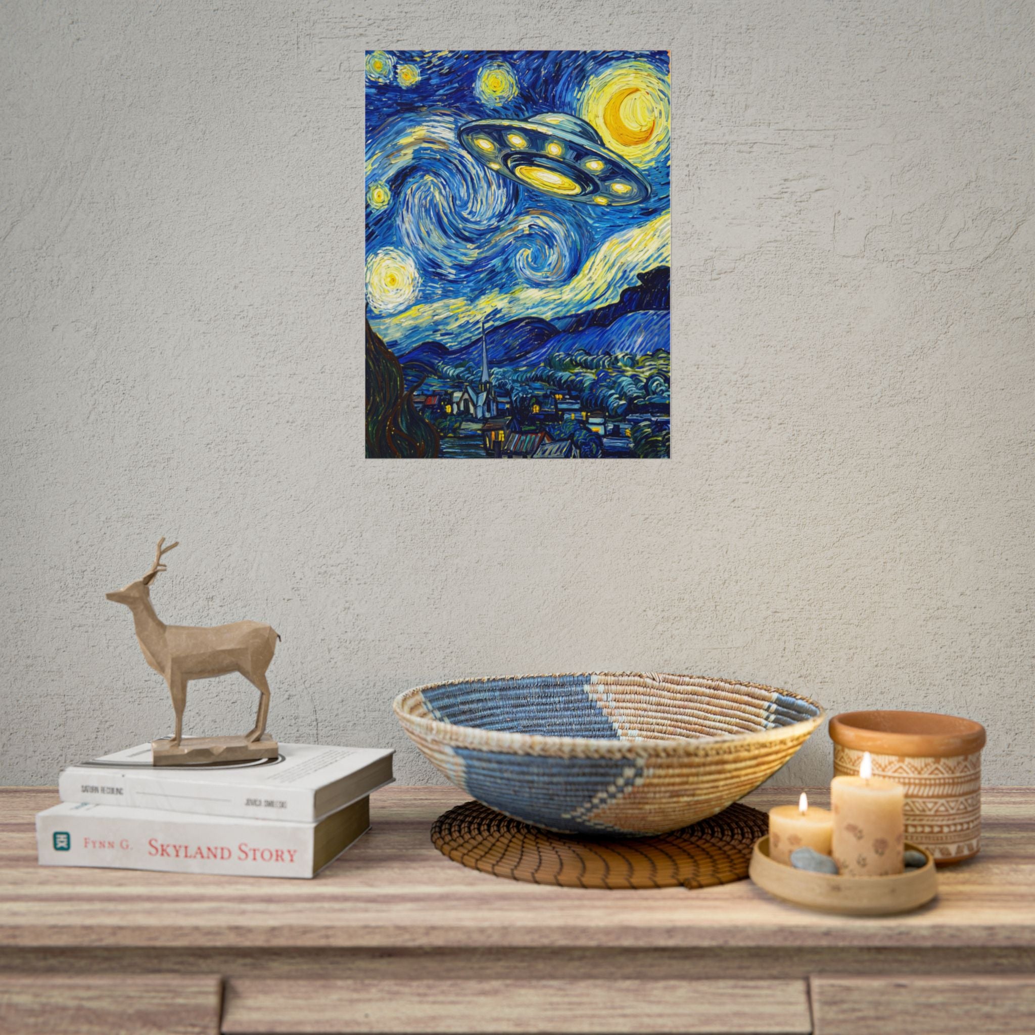 Wall-mounted space poster with a glowing UFO, spiral clouds, and blue-yellow night sky