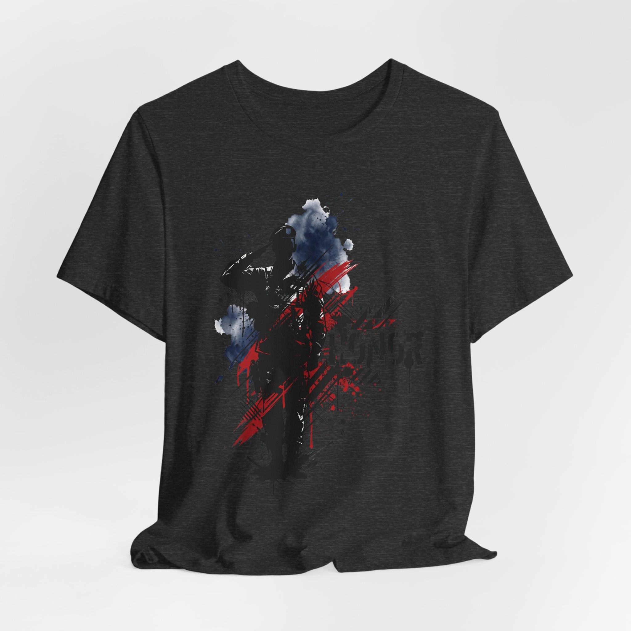 Dark charcoal T-shirt with printed blue-and-red soldier silhouette graphic on front