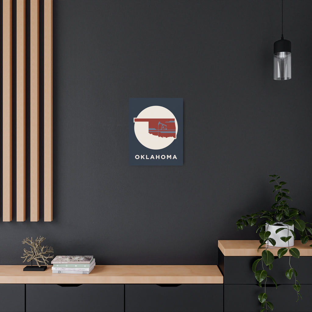 Oklahoma metal wall art sign with blue background, white circle, red state silhouette