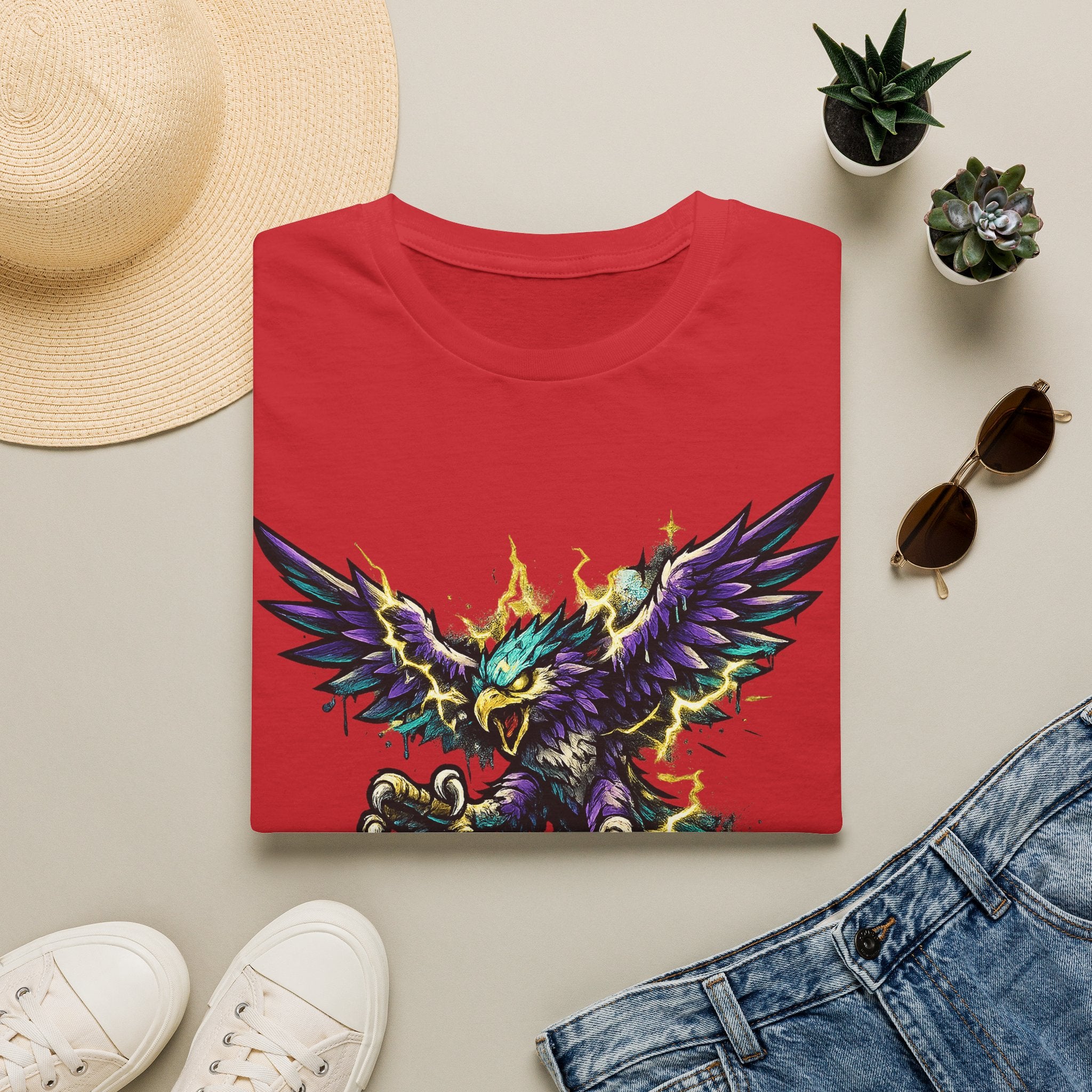 Red crewneck t-shirt with colorful lightning thunderbird graphic on the chest.