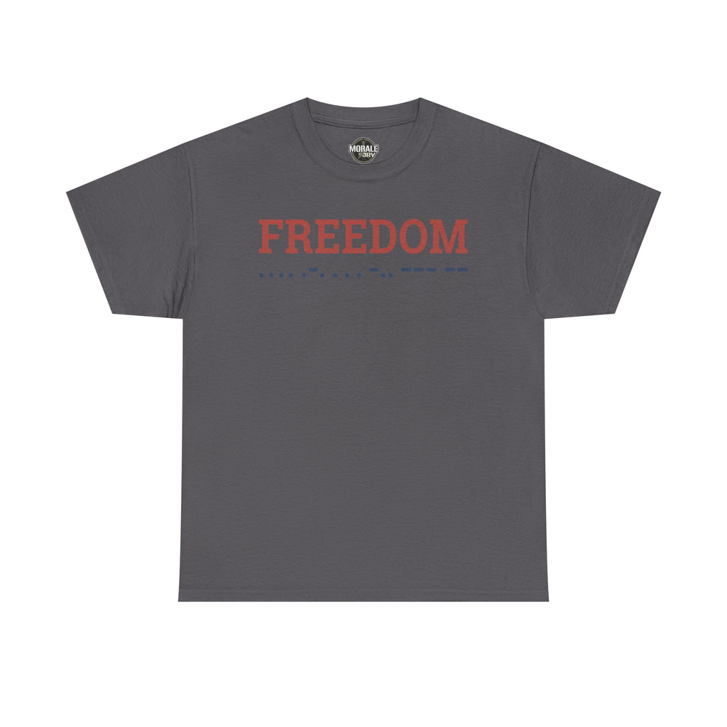 Freedom T-shirt, charcoal crewneck with 'FREEDOM' Morse code graphic
