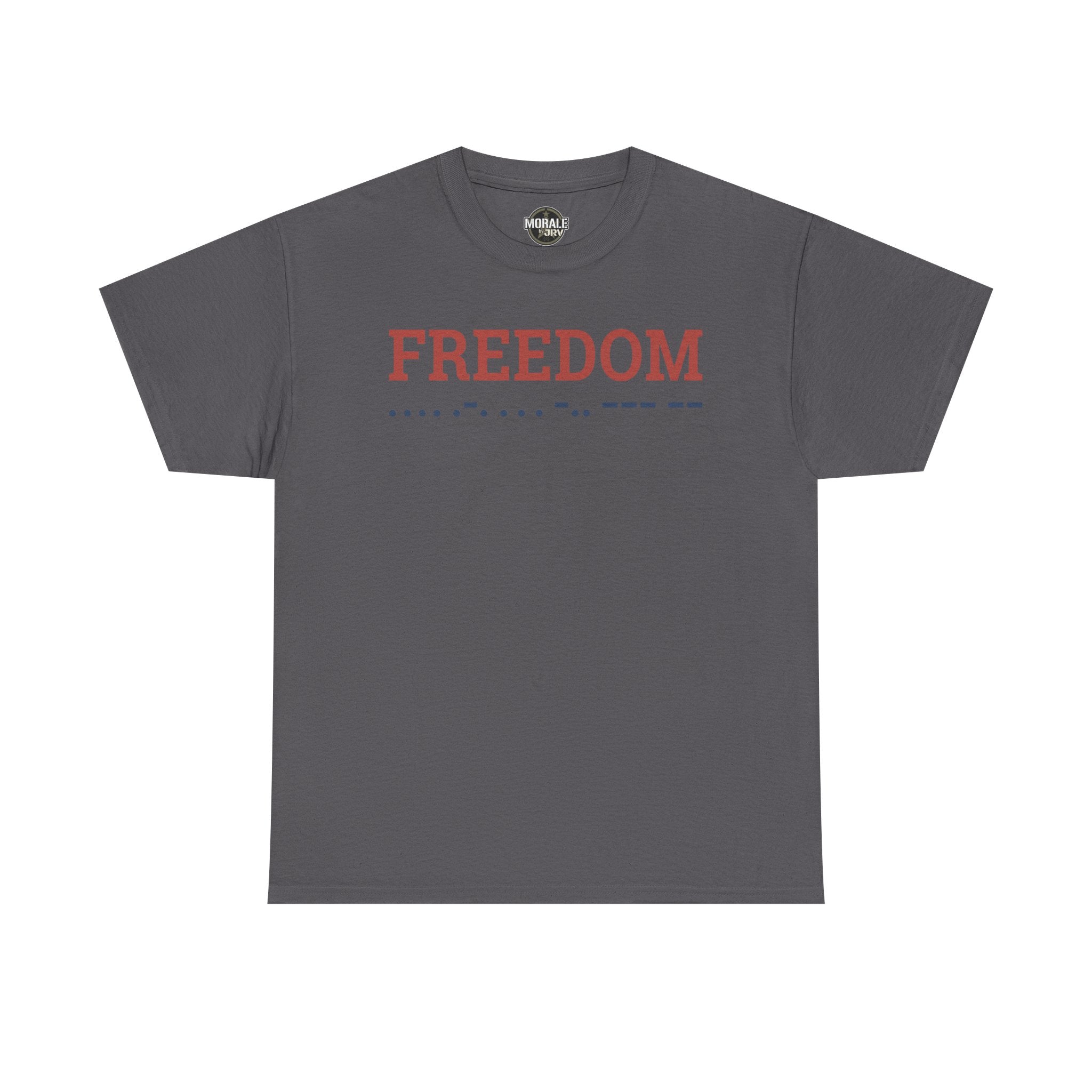 Freedom T-shirt, charcoal crewneck with 'FREEDOM' Morse code graphic