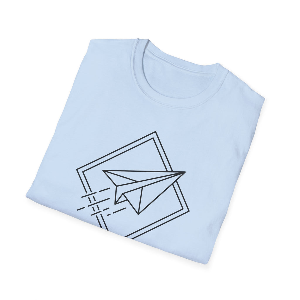 Light blue T-shirt with paper airplane line art and rectangle outline