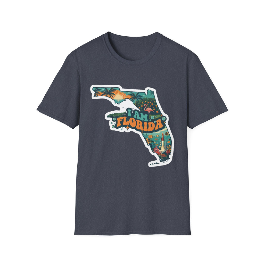 Navy blue T-shirt with “Florida” tropical sunset map graphic on the front
