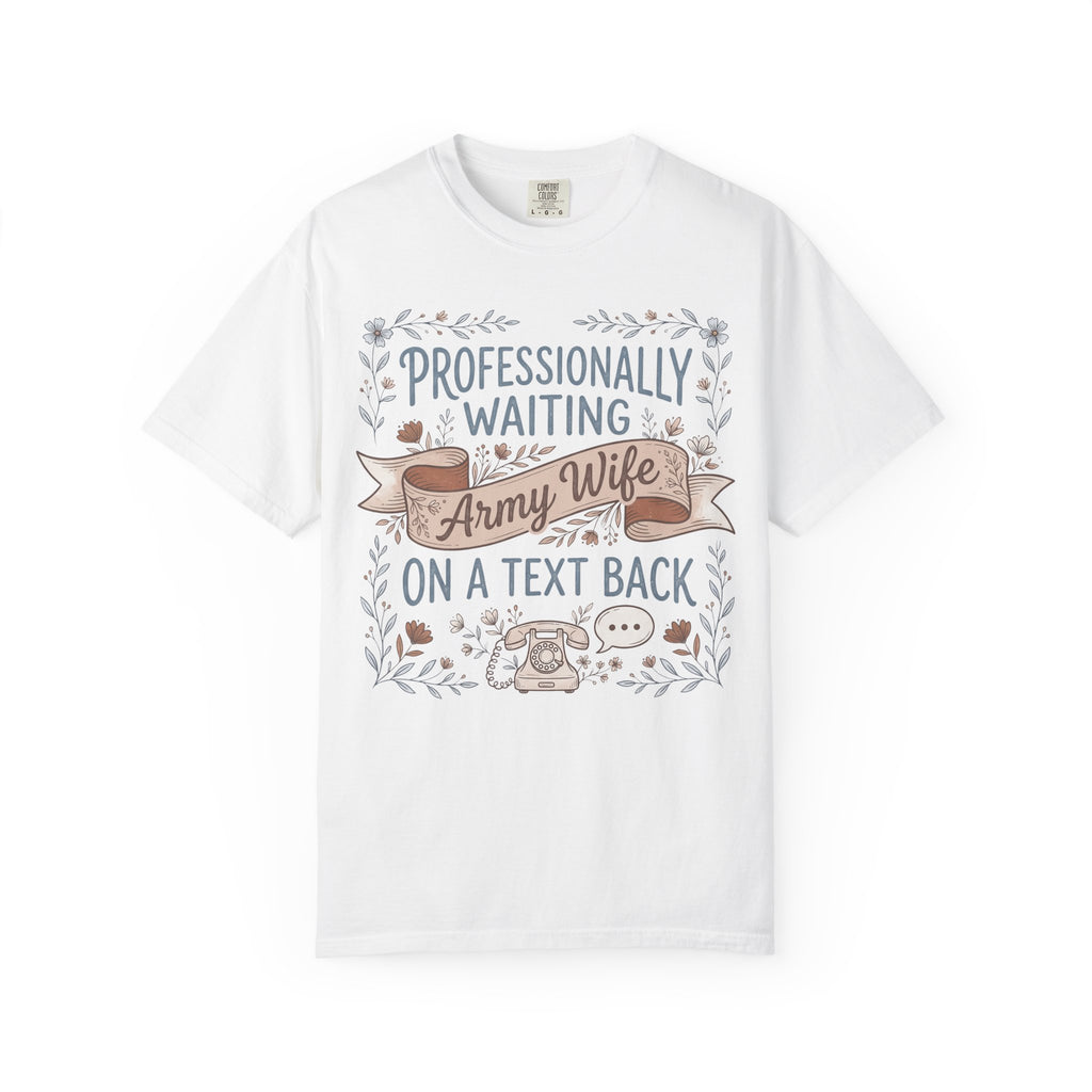White crew-neck T-shirt with floral “Professionally waiting” text and emblem graphic