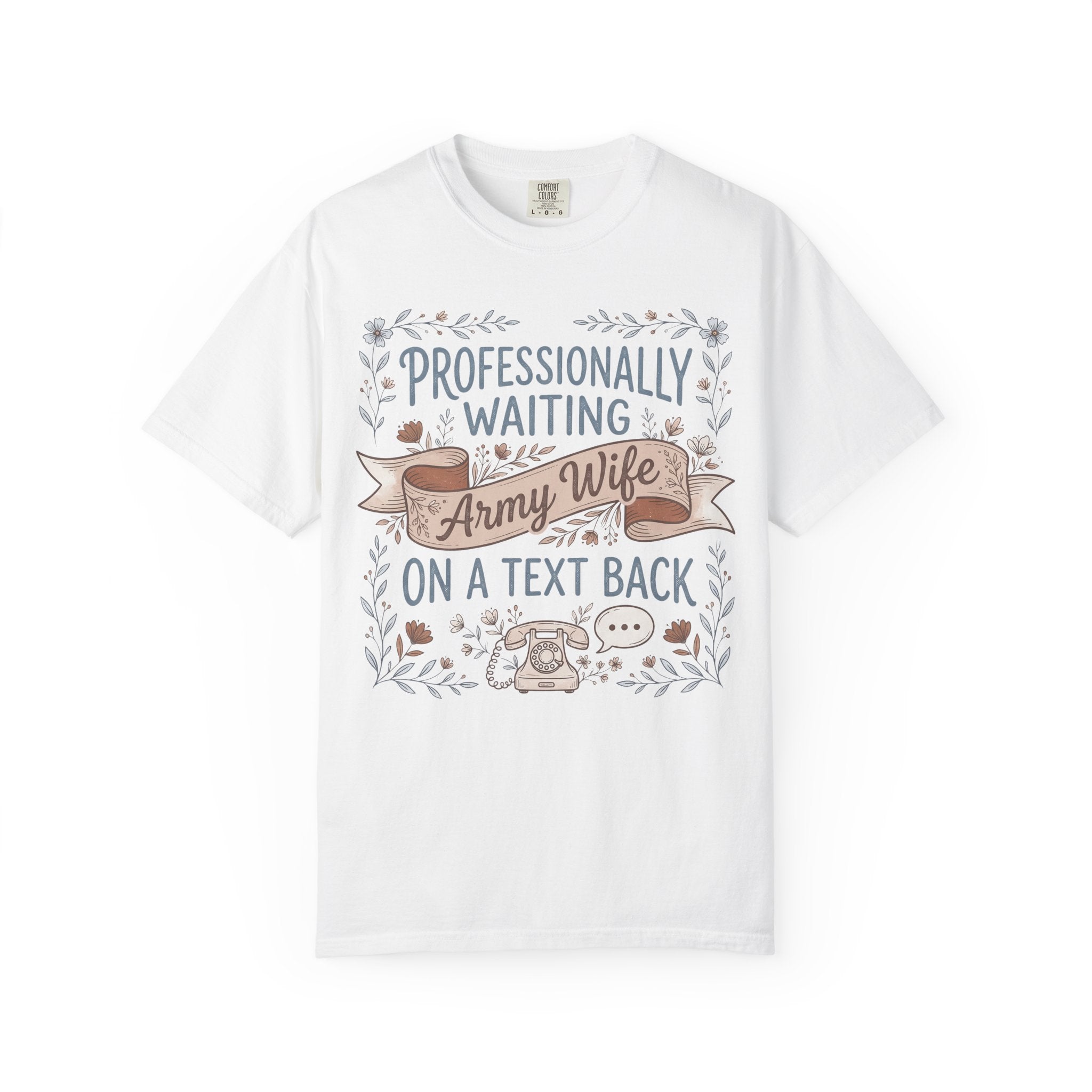 White crew-neck T-shirt with floral “Professionally waiting” text and emblem graphic