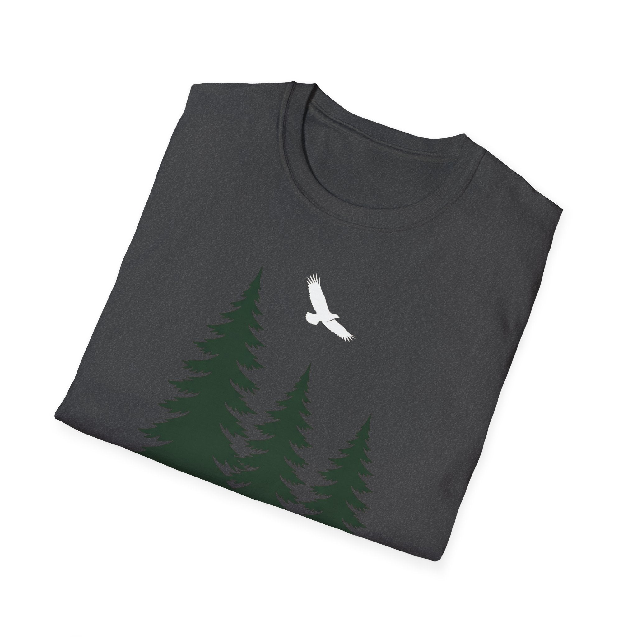 Charcoal T-shirt with pine trees and white bird graphic on front