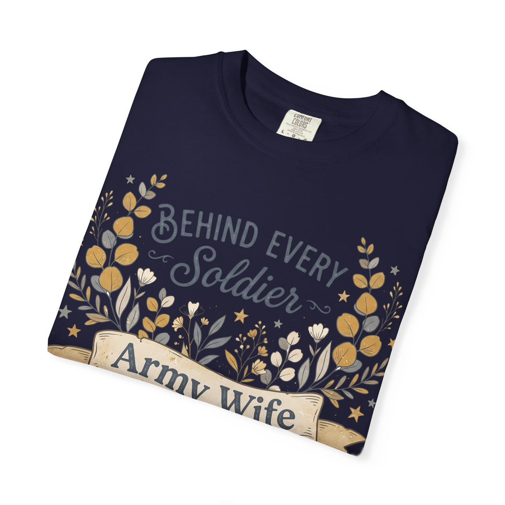 Navy crewneck T-shirt with floral 'Behind Every Soldier' graphic