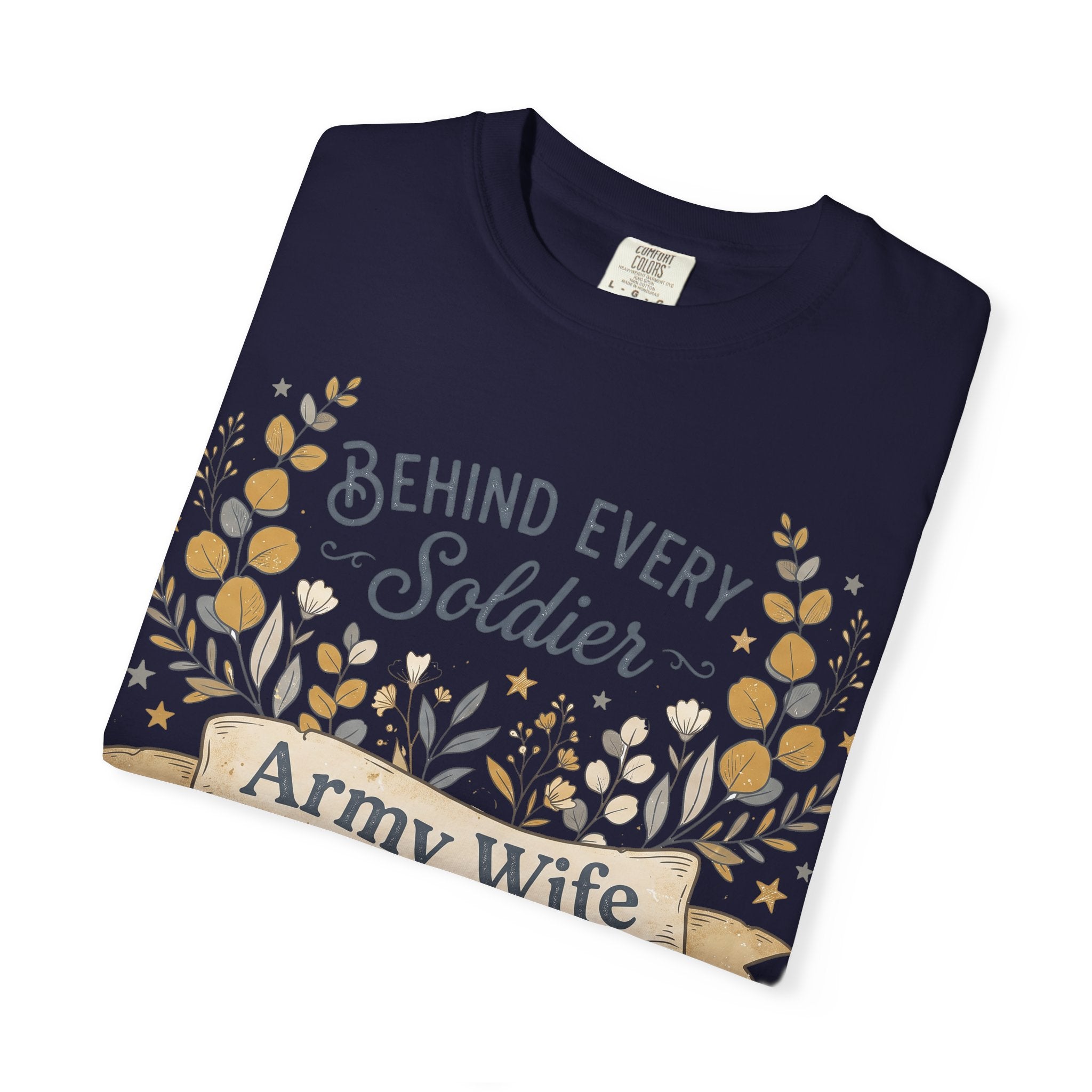 Navy crewneck T-shirt with floral 'Behind Every Soldier' graphic