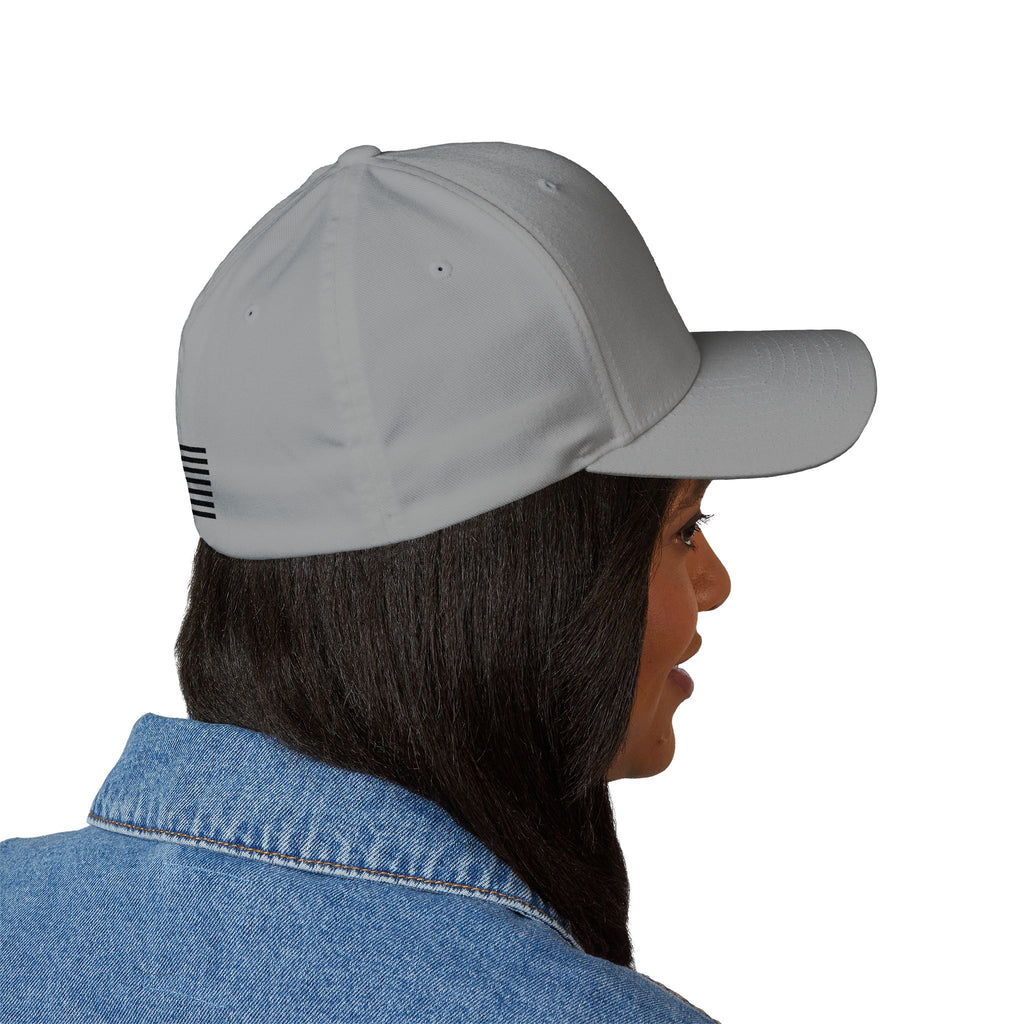 Grey embroidered baseball cap with flag stripe patch on side