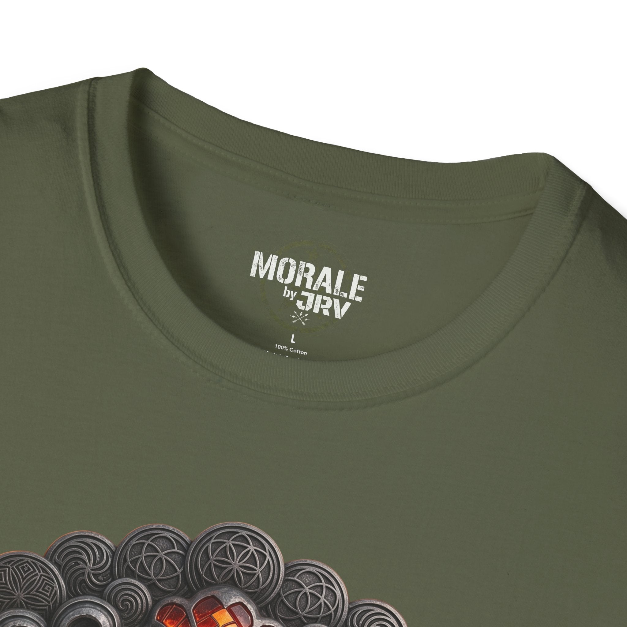 Military green T-shirt neckline logo with partial lava and smoke graphic