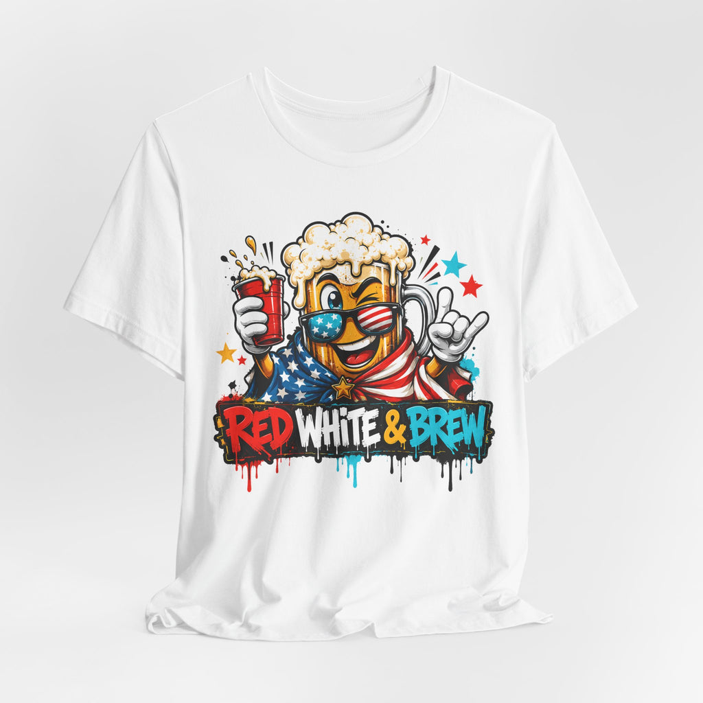 White crewneck T-shirt with beer mascot graphic and “Red White & Brew” text at center.
