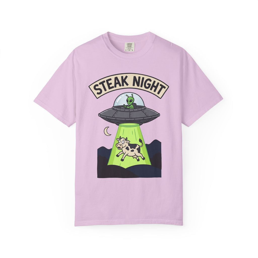 Lilac T-shirt front with Steak Night alien UFO and cow graphic