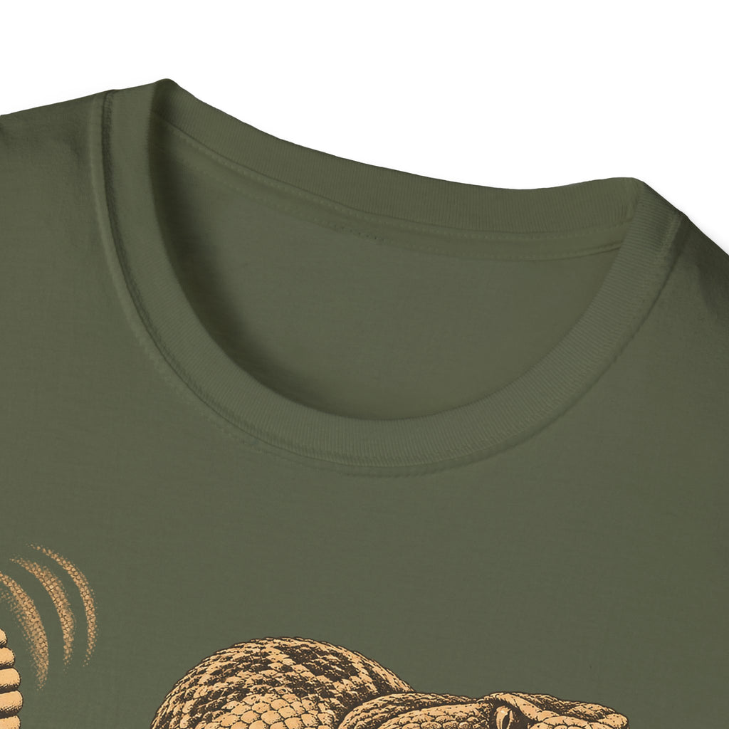 Military green T-shirt close-up, crew neckline with partial coiled snake graphic.