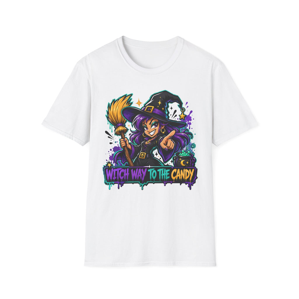 White T-shirt with colorful witch holding candy, “Witch Way to the Candy” graphic