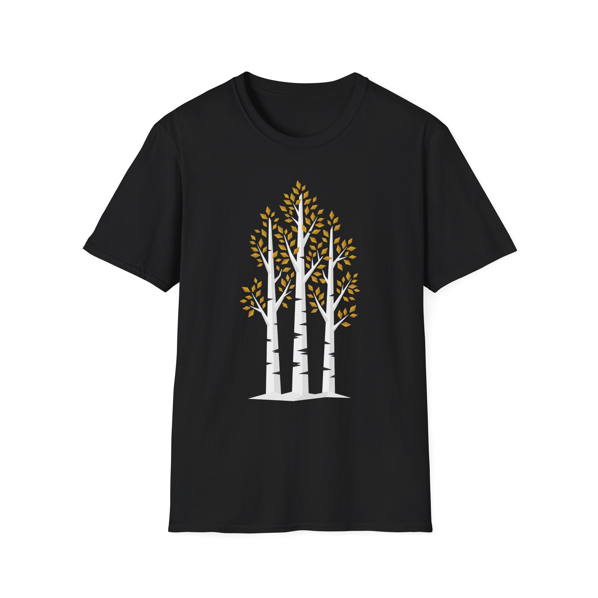 Black T-shirt with minimalist birch trees and autumn leaf tops, crew neck
