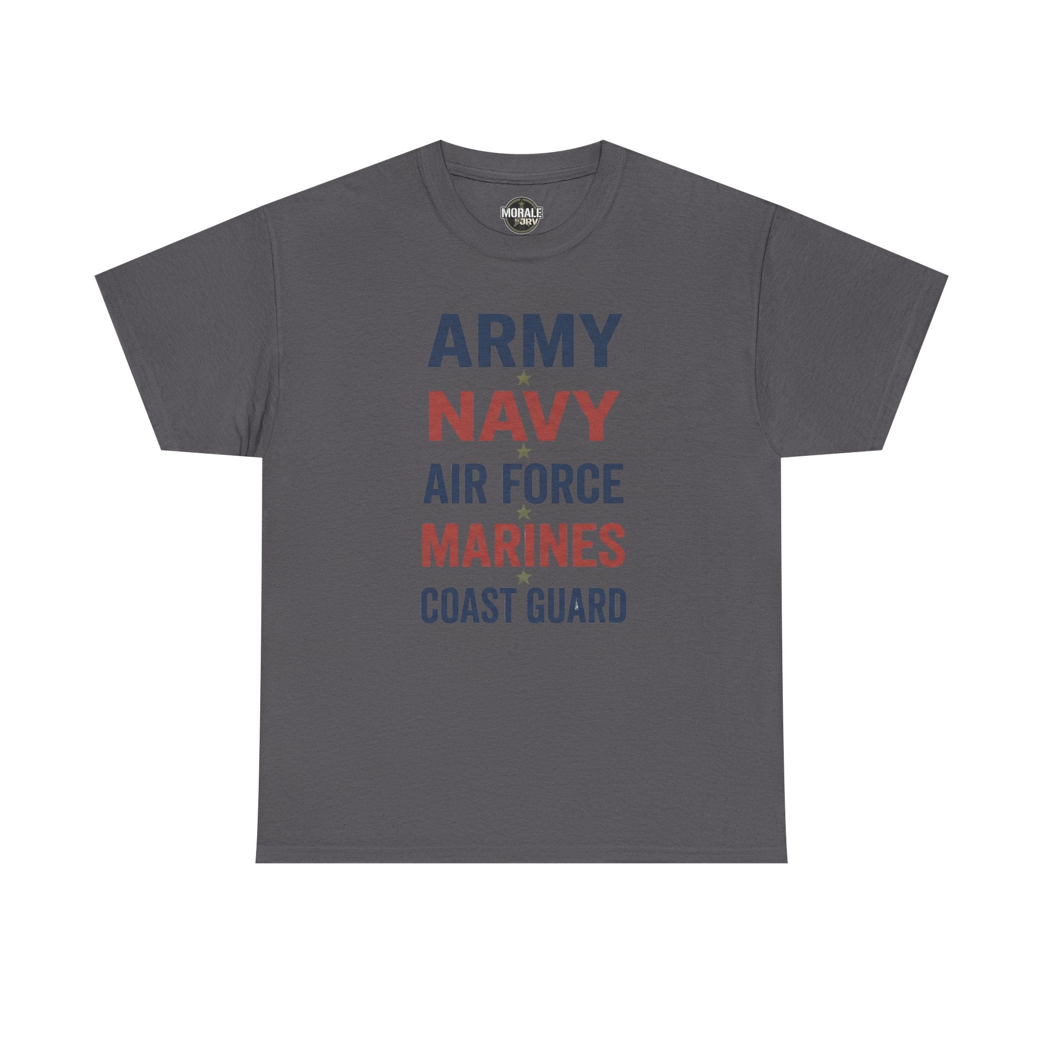 Charcoal T-shirt with multicolor “ARMY NAVY AIR FORCE MARINES COAST GUARD” front graphic