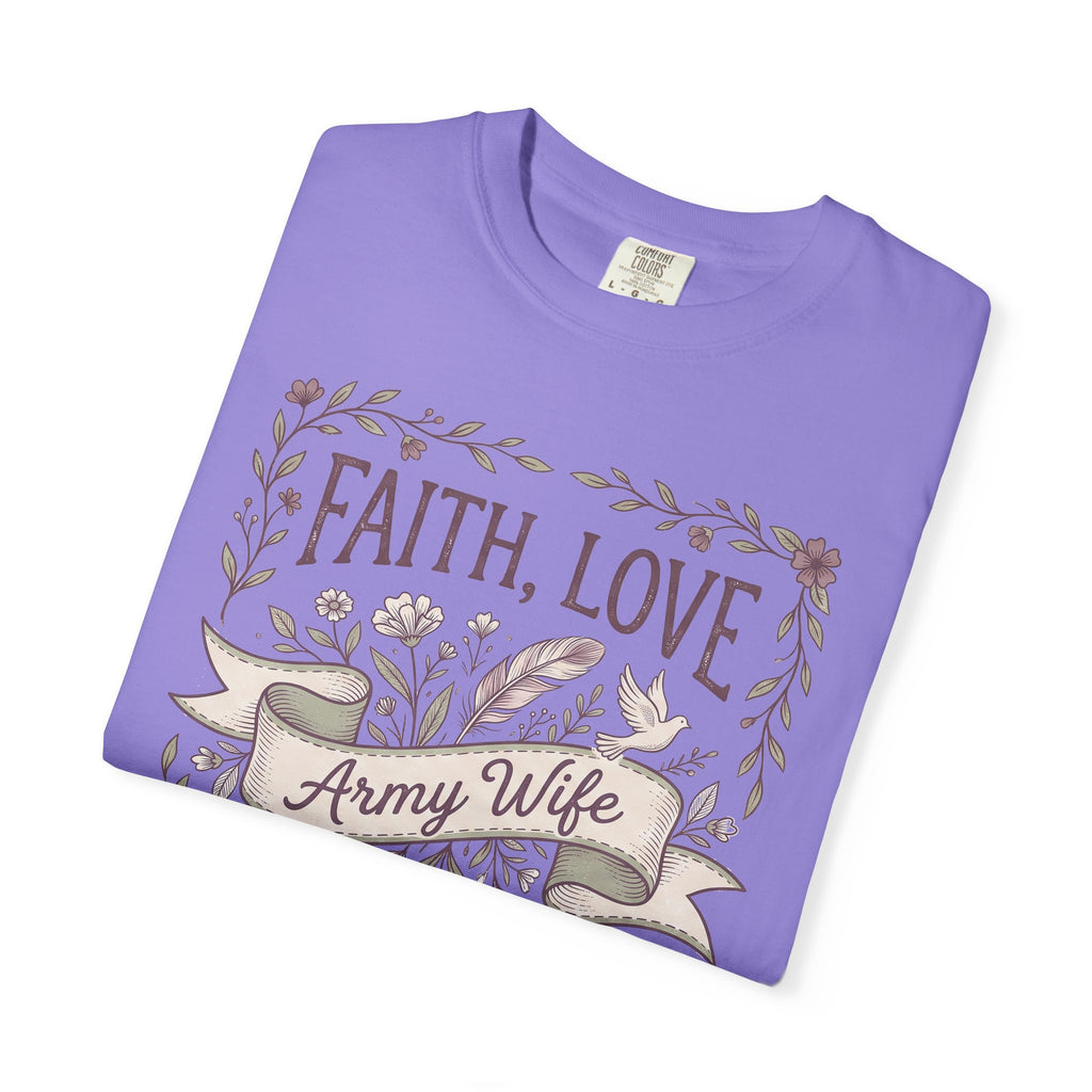 Lavender crewneck T-shirt with floral wreath 'Faith, Love' and 'Army Wife' ribbon graphic