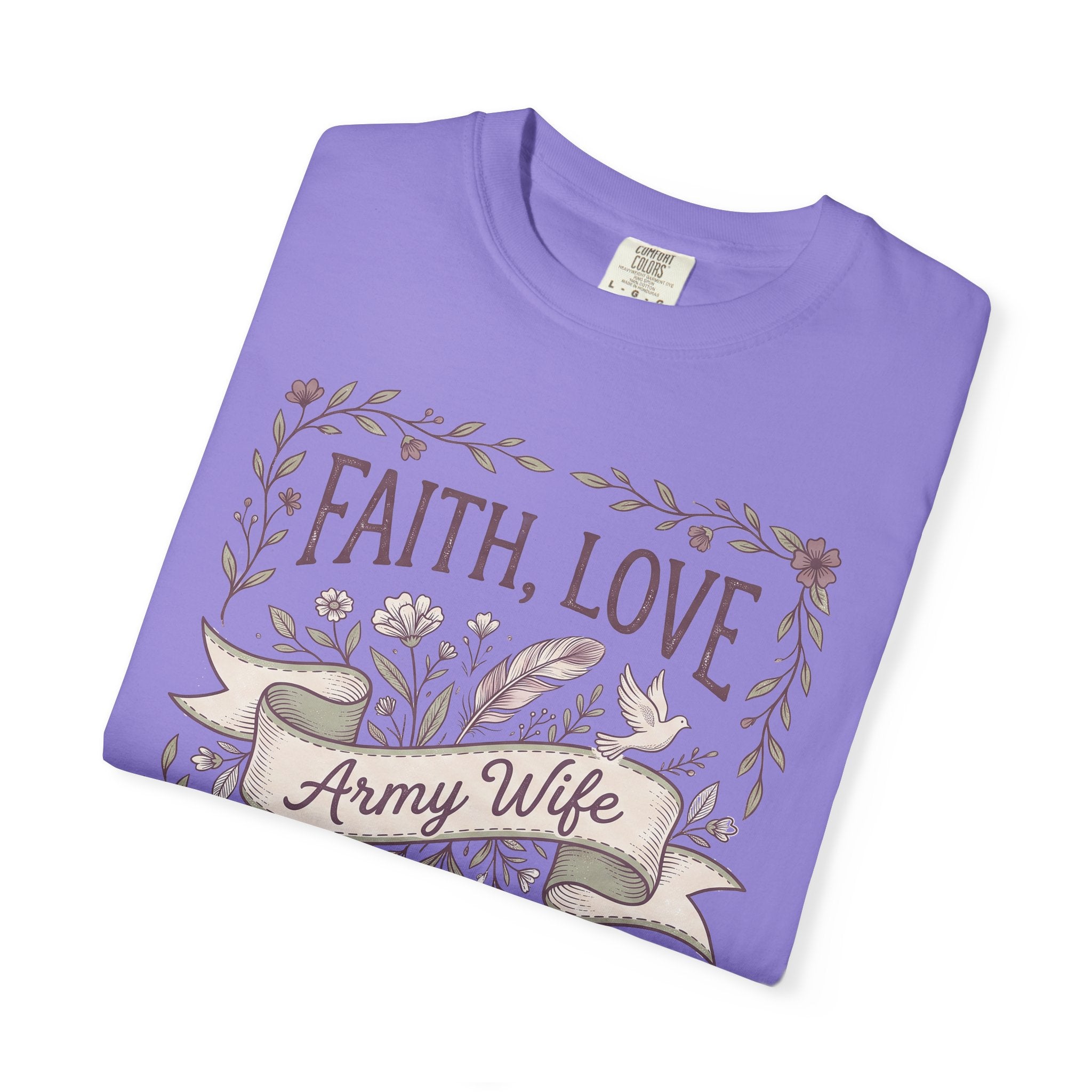 Lavender crewneck T-shirt with floral wreath 'Faith, Love' and 'Army Wife' ribbon graphic