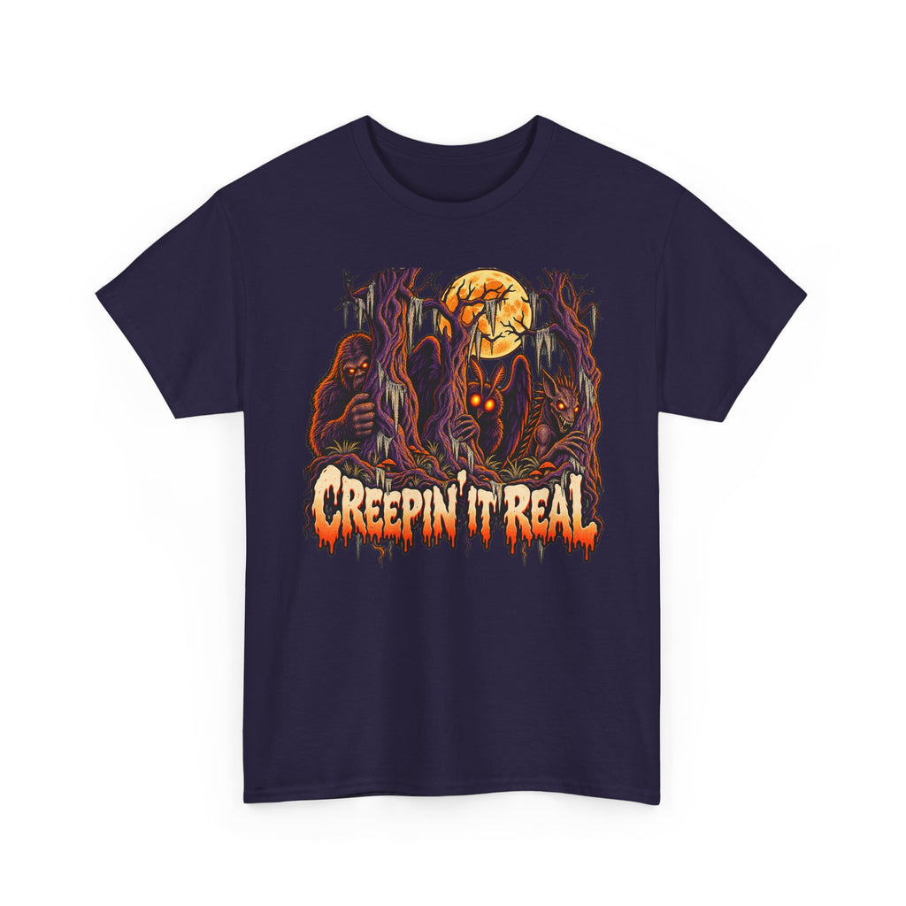 Purple Halloween monster graphic T-shirt with “Creepin’ It Real” text