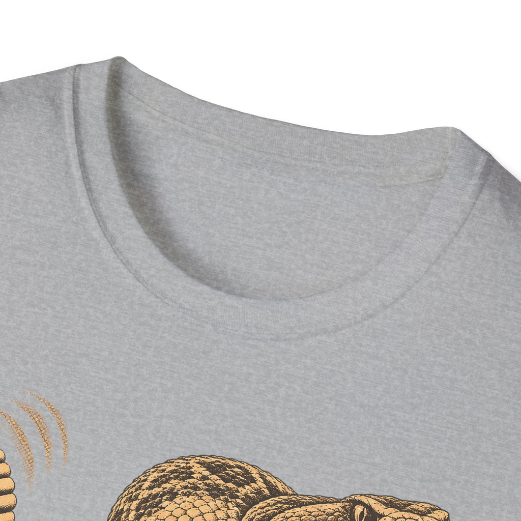 Sport gray crewneck T-shirt neckline with partial tan and gold coiled rattlesnake print