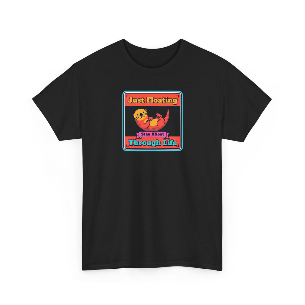 Black crewneck t-shirt with colorful otter graphic and badge-style text