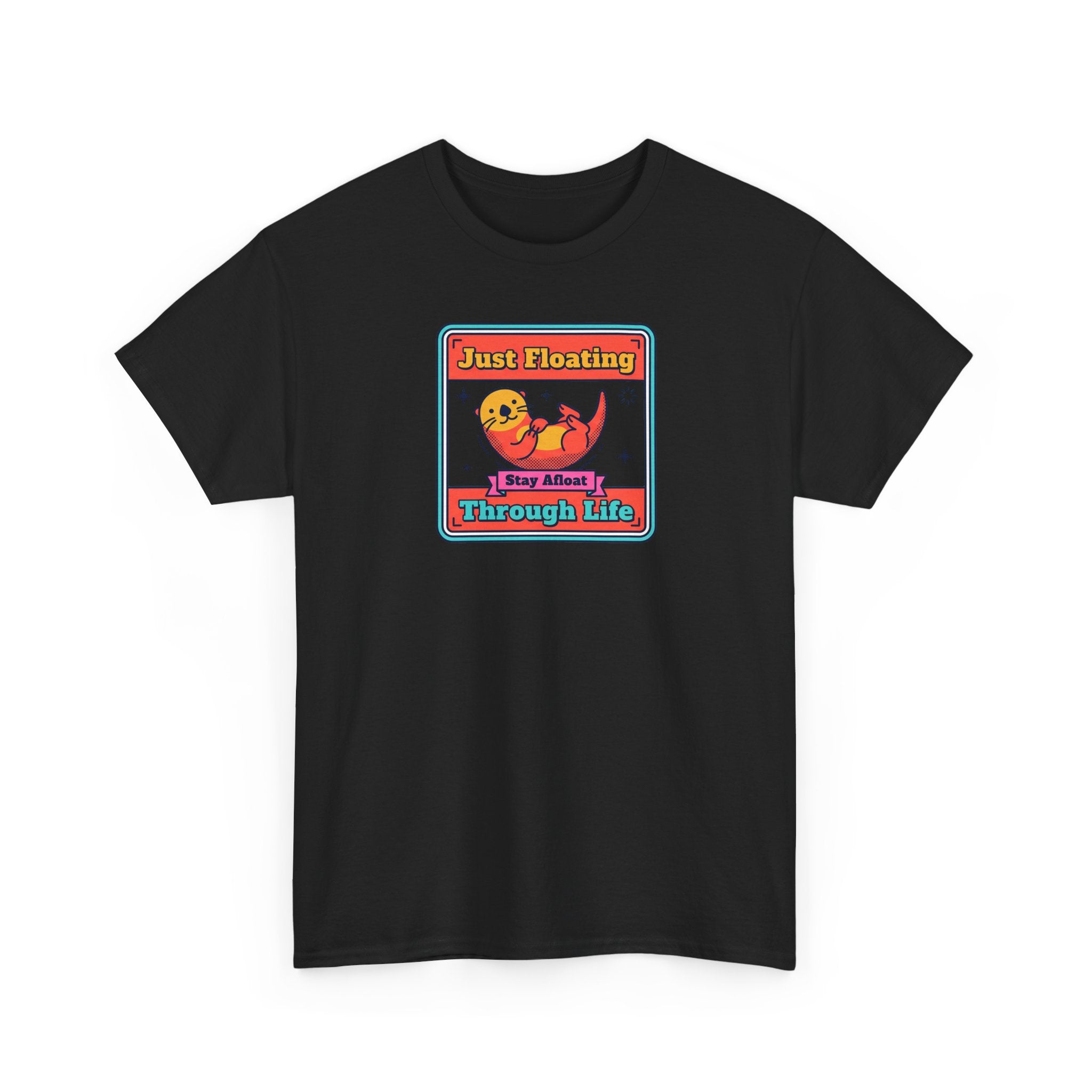 Black crewneck t-shirt with colorful otter graphic and badge-style text