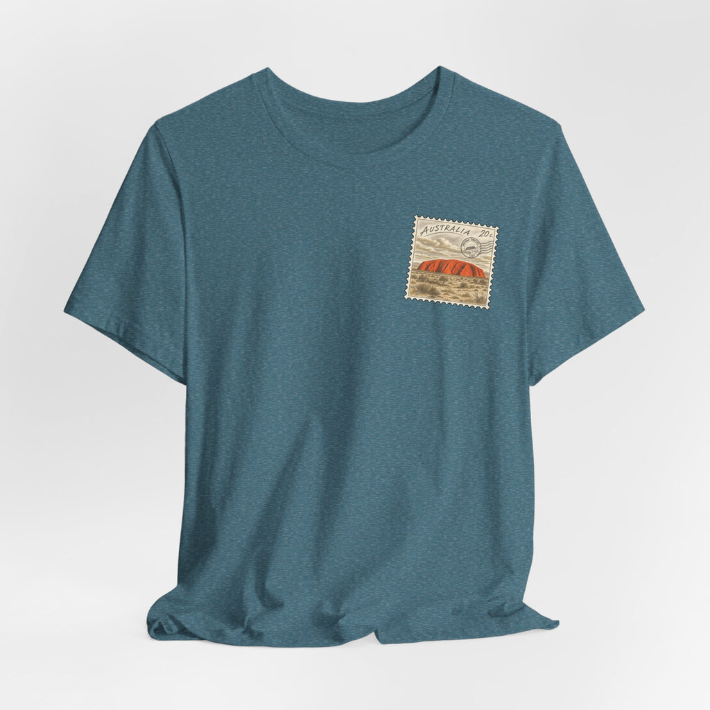 Teal heather travel T-shirt with small Australia postage-stamp graphic on left chest