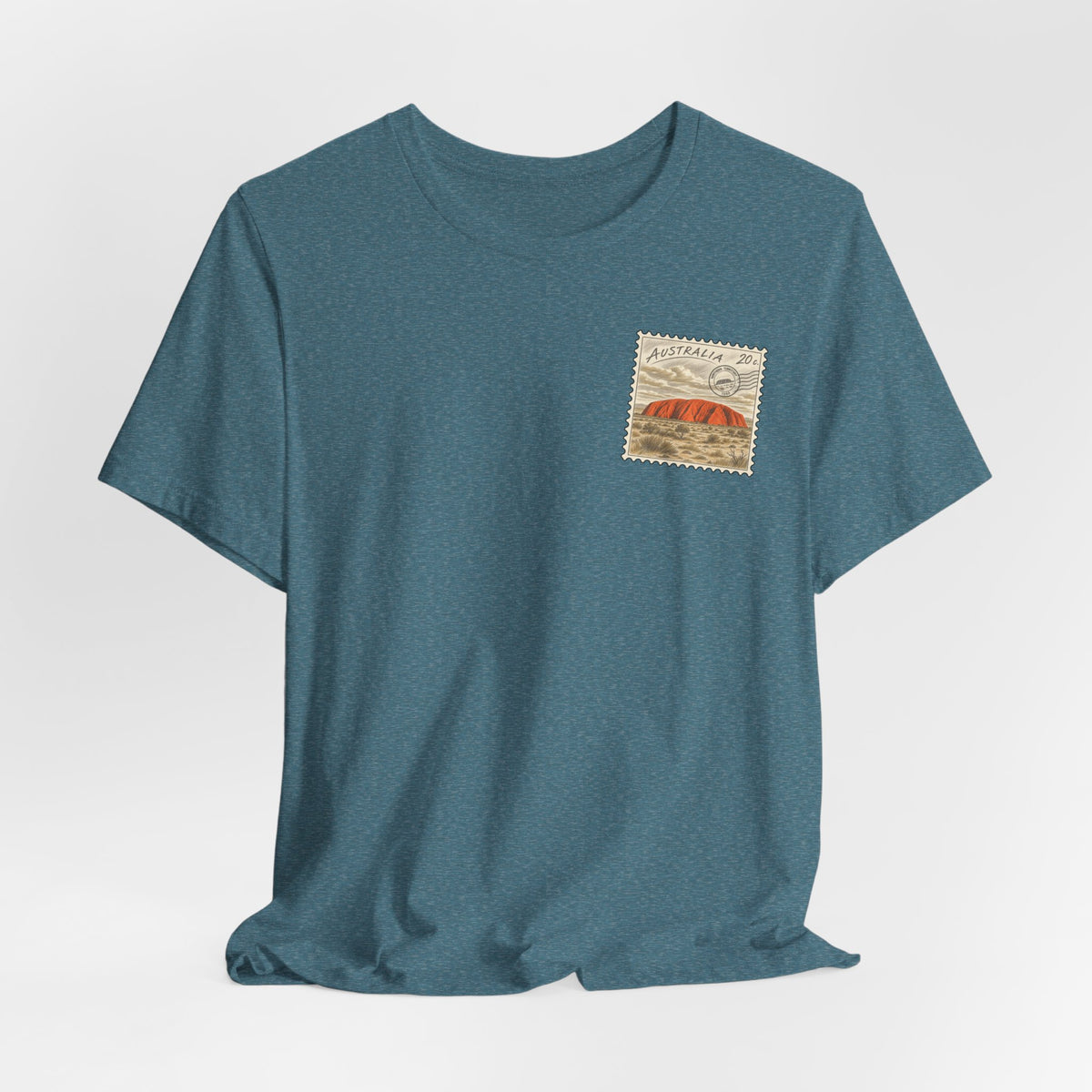 Teal heather travel T-shirt with small Australia postage-stamp graphic on left chest