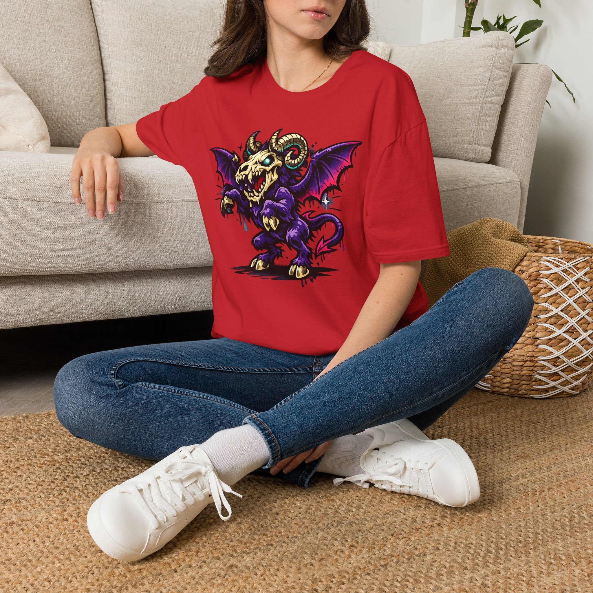 Red crewneck T-shirt with colorful ram bat skull monster graphic