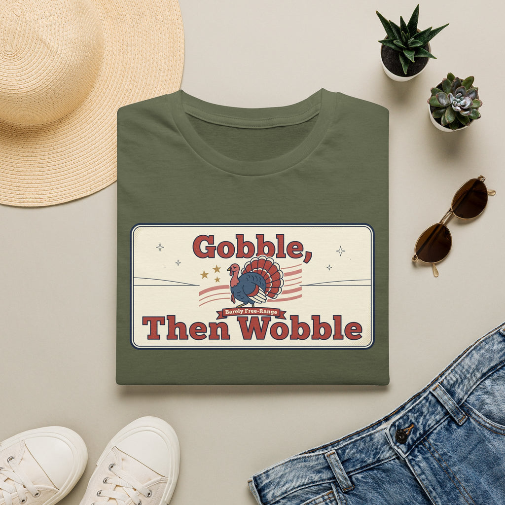 Olive green T-shirt with retro turkey graphic and “Gobble, Then Wobble” text