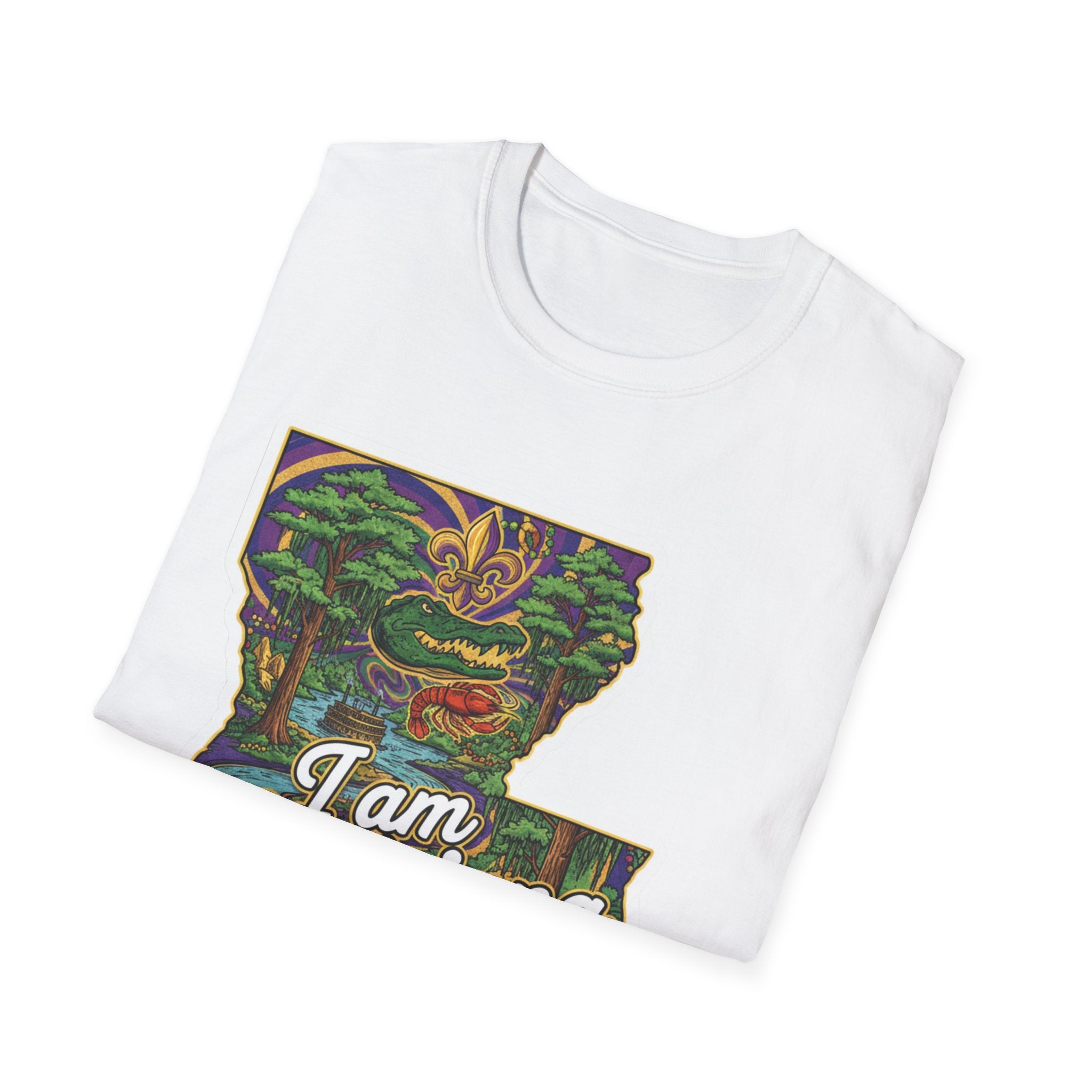 White T-shirt close-up: colorful Louisiana map graphic and partial “I am” text