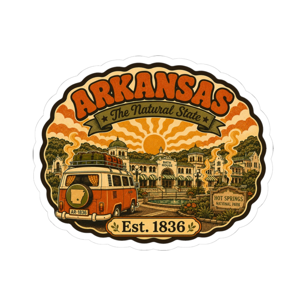 Round Arkansas travel sticker with orange camper van and “Est. 1836”