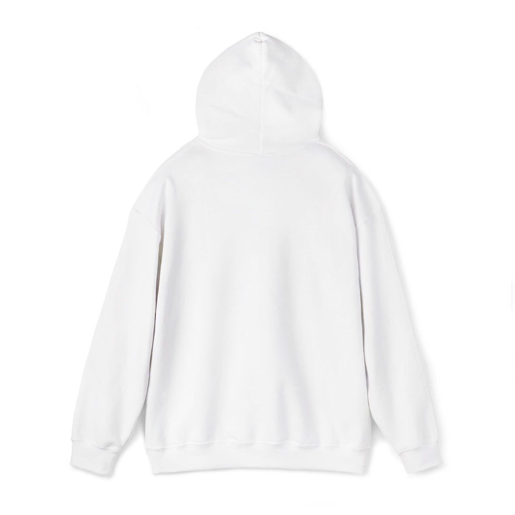 White hoodie with hood and long sleeves, back view (front graphic not visible)
