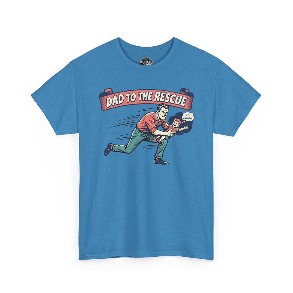 Men's blue graphic T-shirt with "DAD TO THE RESCUE" front design