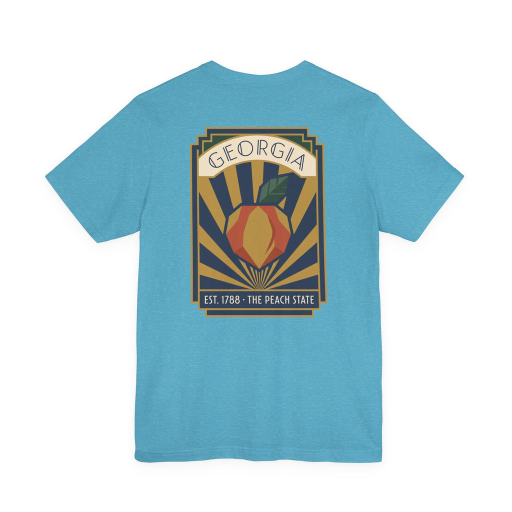 Peach-state graphic t-shirt in teal blue with centered Georgia emblem poster print