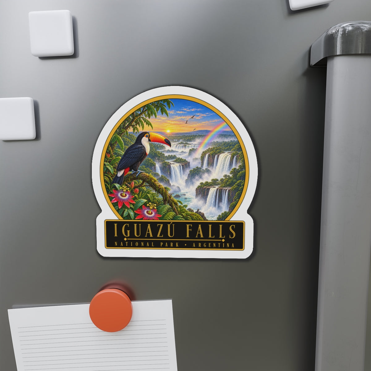 Die-cut vinyl magnet showing toucan beside waterfalls and rainbow with 'IGUAZU FALLS' text