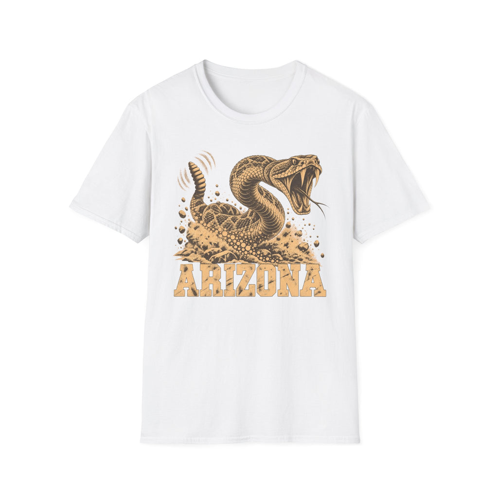 Men's white graphic T-shirt with coiled rattlesnake and 'ARIZONA' front print