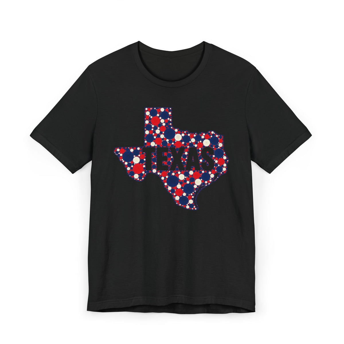 Black T-shirt with red, blue, and white polka dot Texas outline and TEXAS lettering