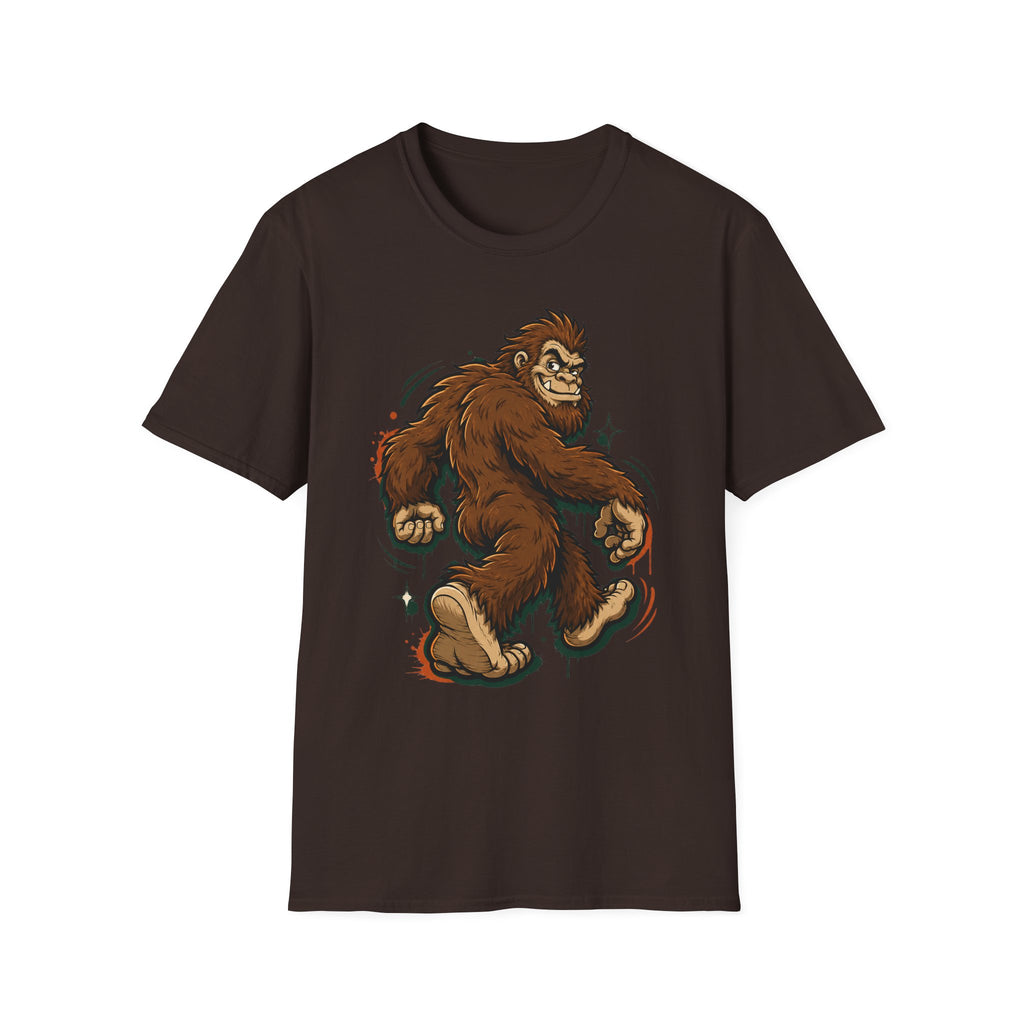 Dark chocolate T-shirt with running bigfoot cartoon graphic