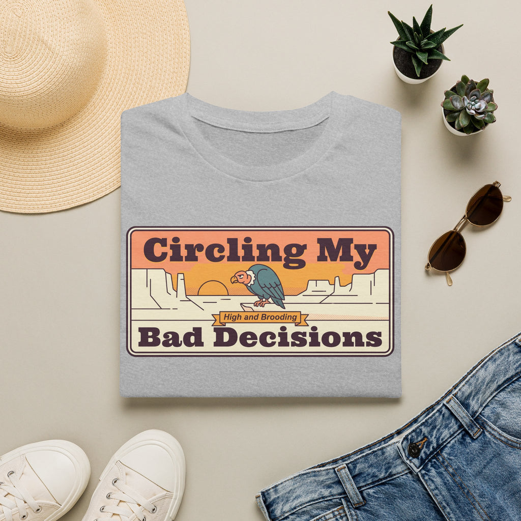 Light gray crewneck T-shirt with retro vulture "Circling My Bad Decisions" graphic