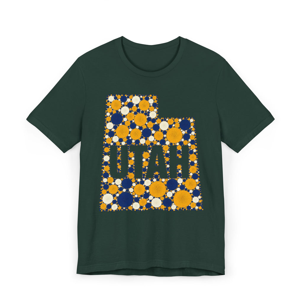 Polka dot Utah graphic t-shirt with UTAH text, blue and yellow on dark green