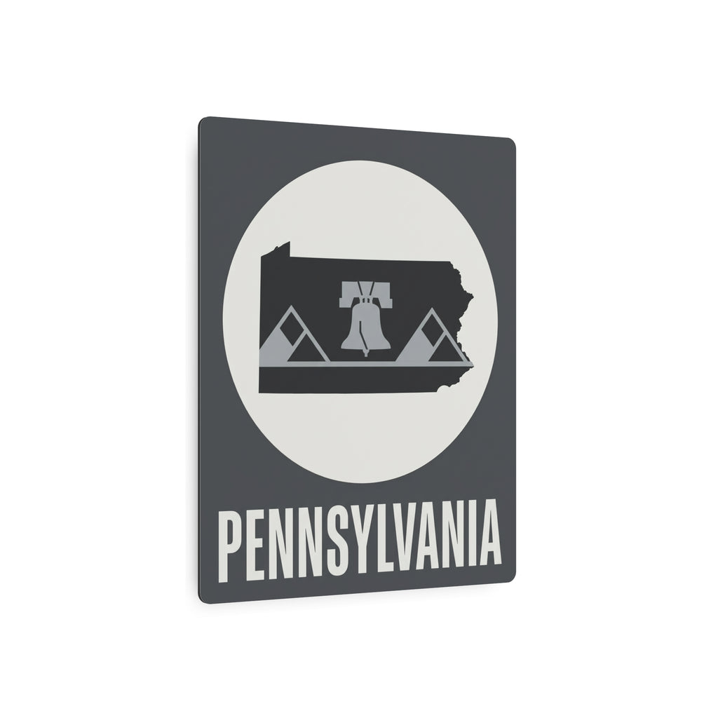 Pennsylvania metal wall sign, dark gray square with oval Liberty Bell emblem and 'PENNSYLVANIA'