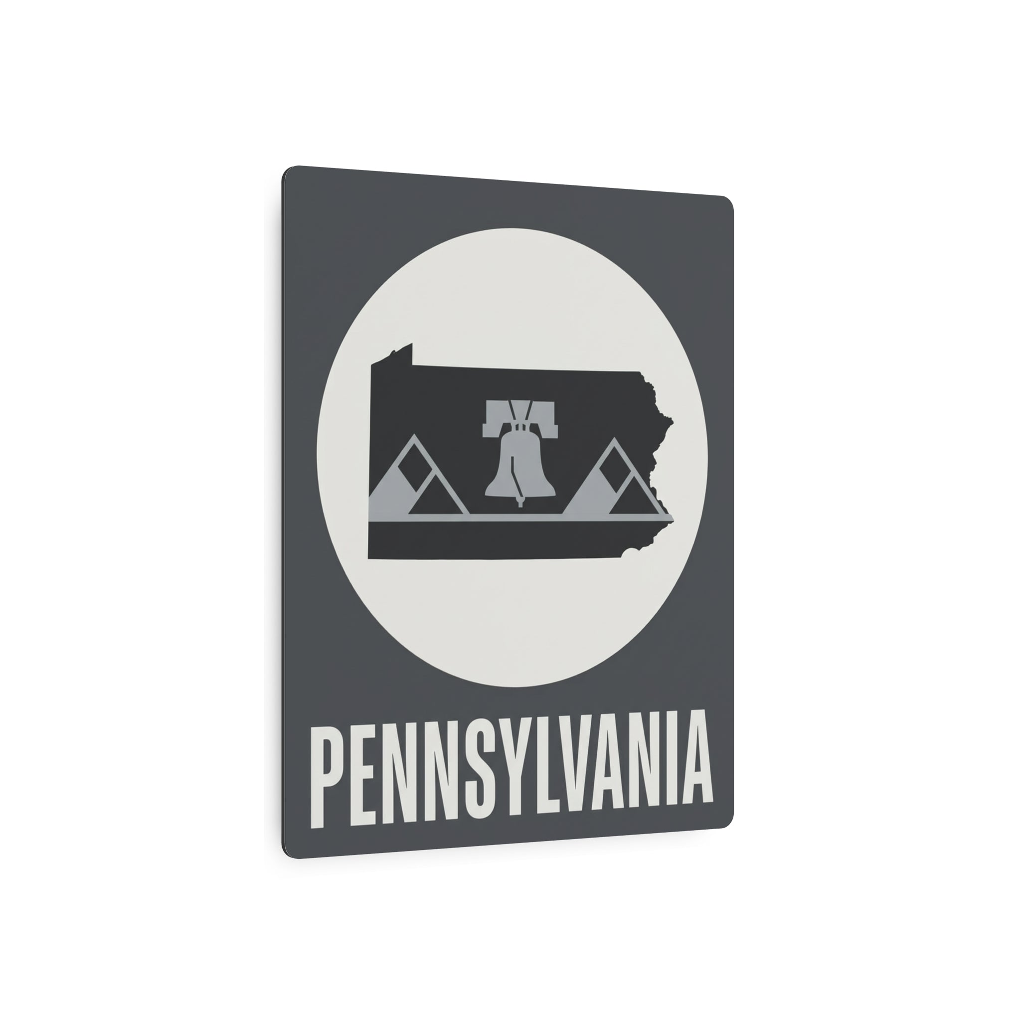 Pennsylvania metal wall sign, dark gray square with oval Liberty Bell emblem and 'PENNSYLVANIA'