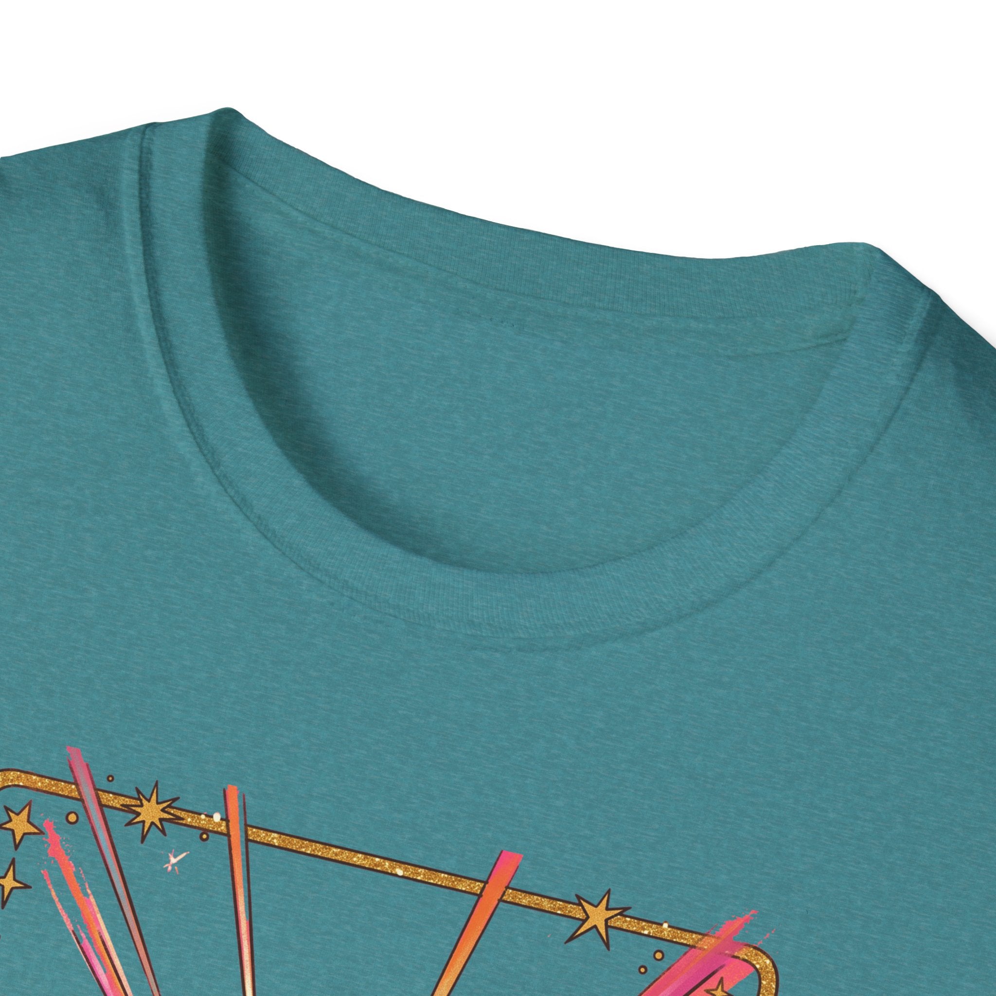 Teal T-shirt neckline with partial skull/disco-ball print