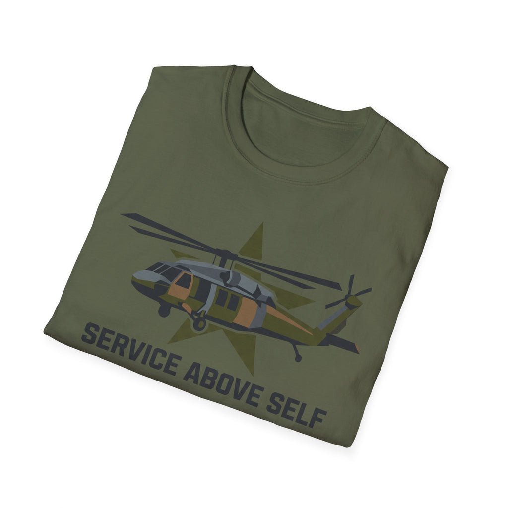 Olive green crewneck t-shirt with full helicopter graphic and 'SERVICE ABOVE SELF' text
